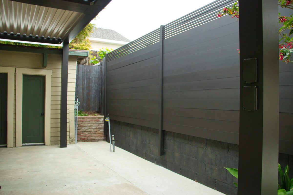 Side View Aluminum Bronze Fence Privacy Panels Installed In Residential Area