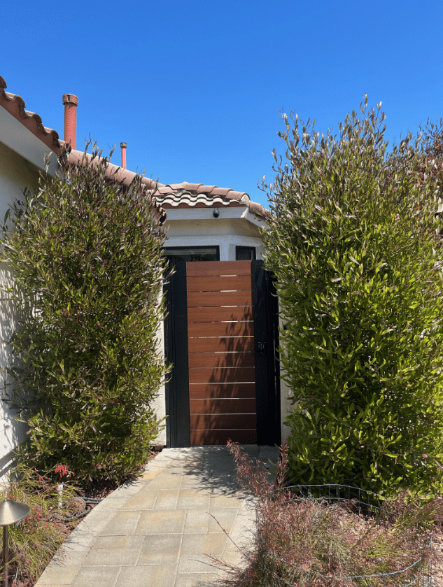 A clean-lined wooden fence gate stands between two lush green hedges, leading to a pathway made of stone pavers. The background features a bright blue sky and a building with a red-tiled roof, creating a welcoming outdoor space.