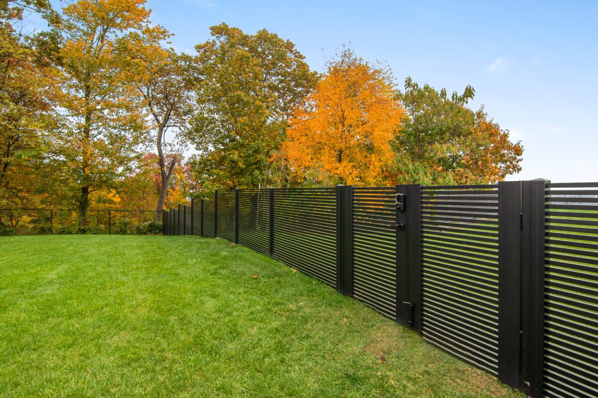 Modern black aluminum fence in a residential yard, surrounded by vibrant autumn foliage.