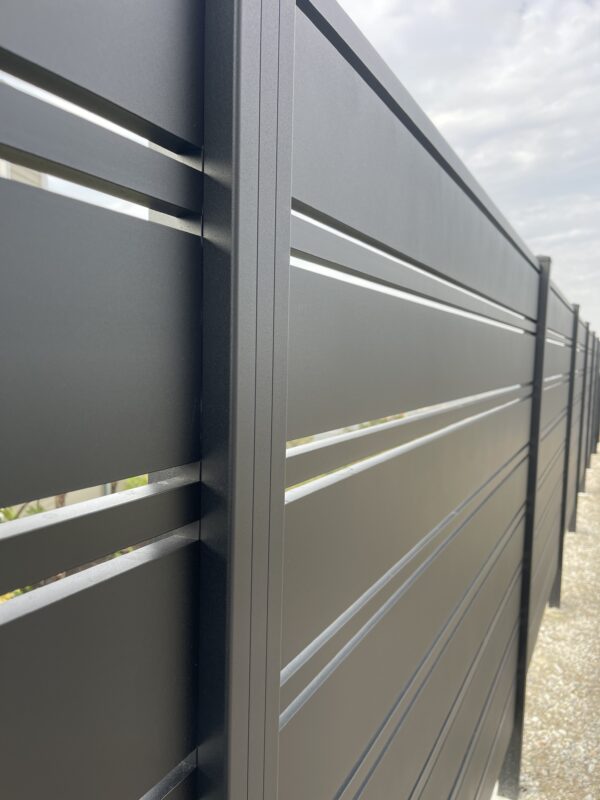 Close-up of a modern black aluminum fence showcasing sleek lines and smooth finish.